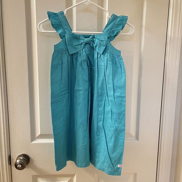 RuffleButts Baltic Dobby Flutter Bow Dress Teal Girls Size 8 NWT - Picture 1 of 11